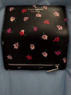 Kate spade black floral cosmetic pouch with pink and red blooms